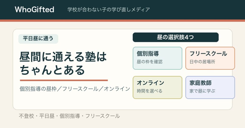昼間に通える塾はちゃんとある。個別指導・フリースクール・オンライン・家庭教師の4つの選択肢図